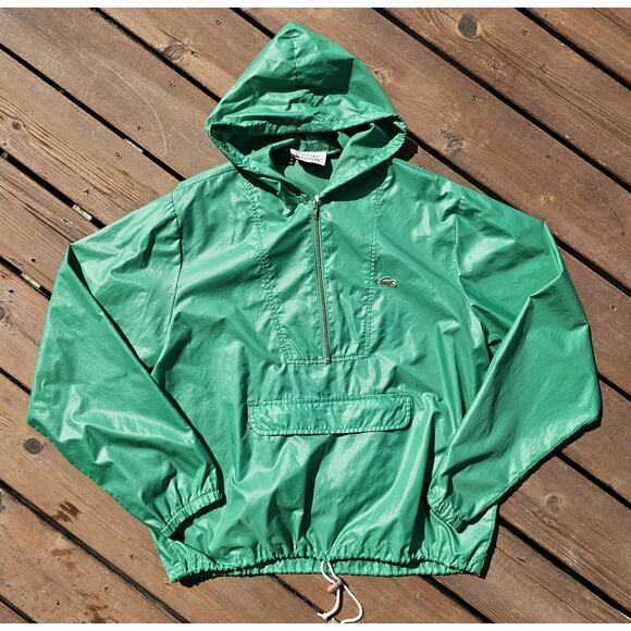 VTG Izod Lacoste Green Pullover Rain Windbreaker XL 80s Gator Hood Jacket Anorak - Picture 1 of 6